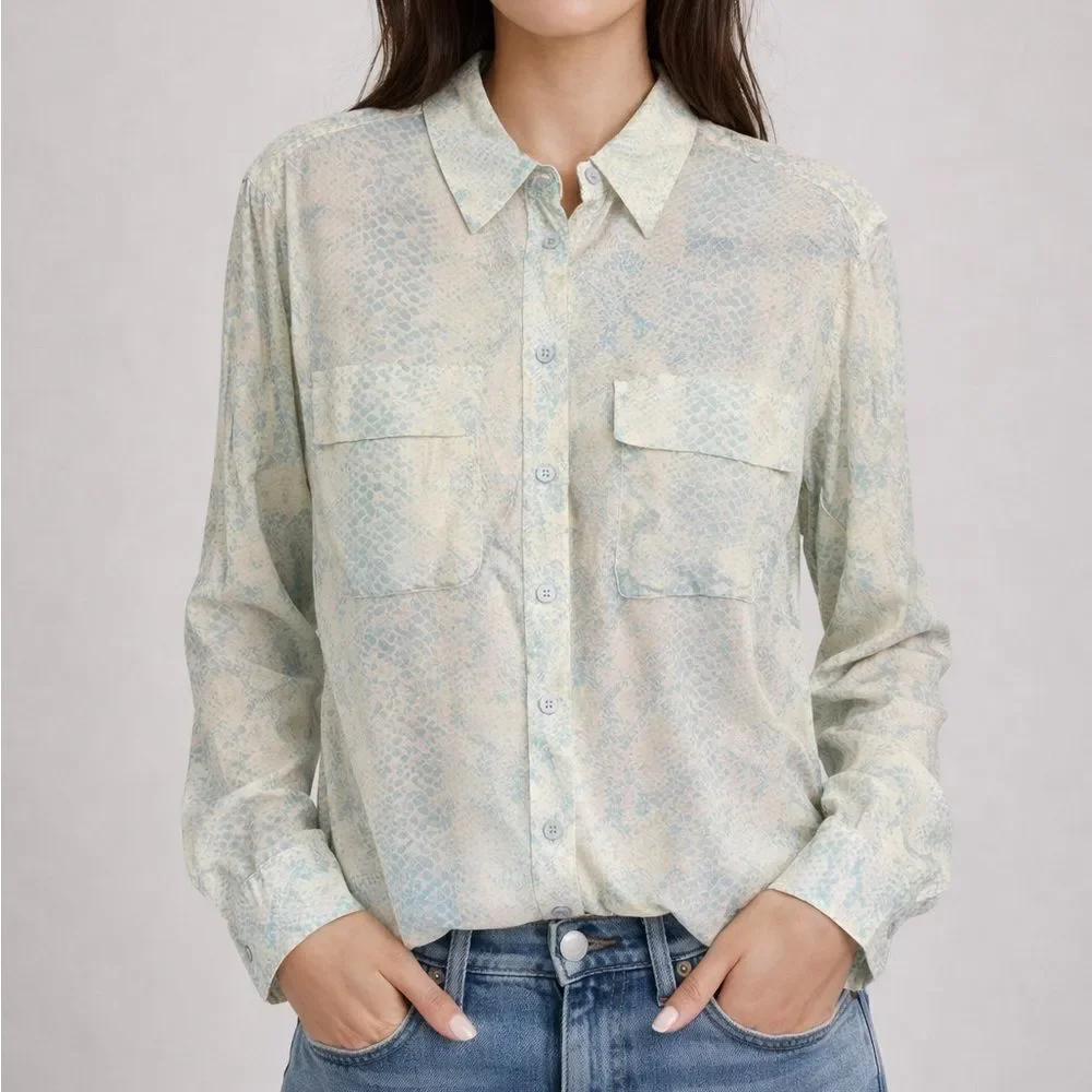 Revolve Equipment Slim Signature Sheer Snake Python Print Button-Up Blouse Sz S